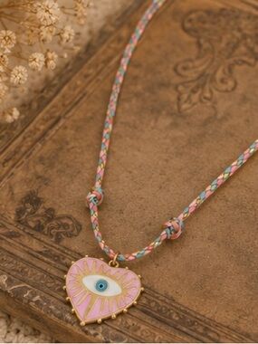 Pink Evil Eye Heart Pendant Braided Cord Necklace | Boho Protection Charm